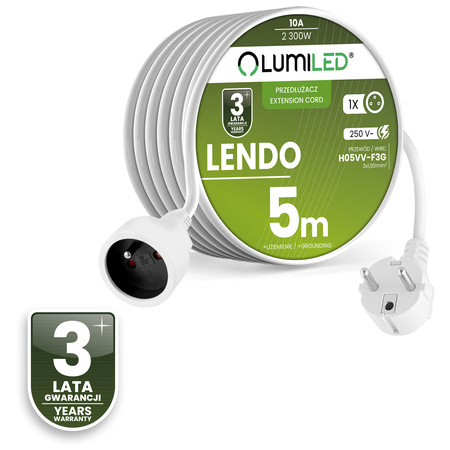Przedłużacz Sieciowy Kabel z Uziemieniem Listwa Zasilająca 1 Gniazdo 5m Biały Sznur Lendo Lumiled
