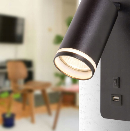 Lampa ścienna Kinkiet GU10 RING z USB i włącznikiem czarny
