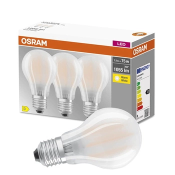 3PAK Żarówka LED E27 A60 7,5W = 75W 1055lm 2700K Ciepła 300° Filament OSRAM BASE