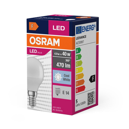 Żarówka LED P45 Kulka E14 4.9W = 40W 470lm 4000K Neutralna 150° VALUE CLASSIC Osram