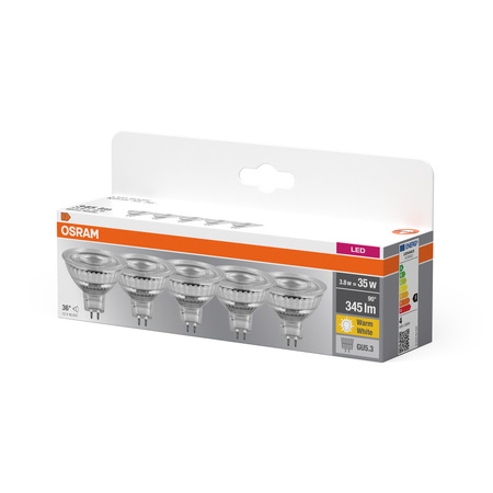 5x Żarówka LED MR16 Reflektor GU5.3 3.8W = 35W 345lm 2700K Ciepła 12V 36° BASE Osram