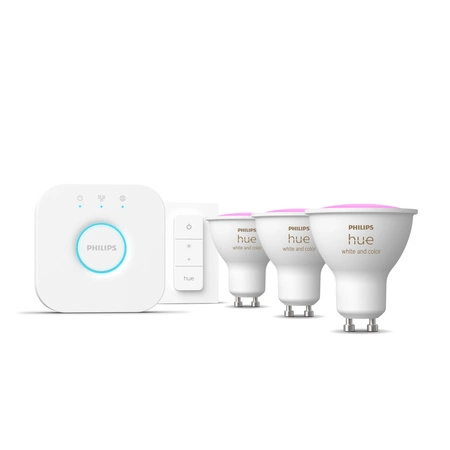 3PAK Żarówka LED GU10 4.2W CCT RGB PHILIPS HUE White & COLOR Ambiance Bluetooth Zigbee + Mostek Hue Bridge + Przełącznik Dimmer Switch