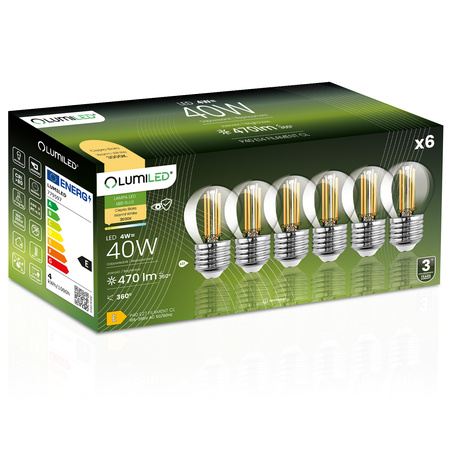6x Żarówka LED E27 Kulka P45 4W = 40W 470lm 3000K Ciepła 360° FILAMENT LUMILED