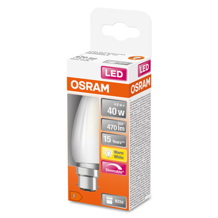 Żarówka LED B35 Świeczka B22d 4.8W = 40W 470lm 2700K Ciepła 300° Ściemnialna Retrofit Filament CLASSIC Osram