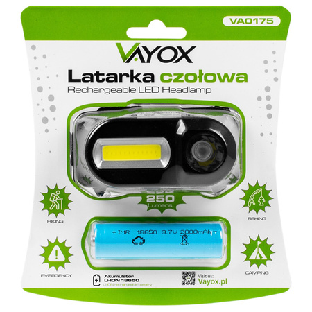 Latarka Czołowa Akumulatorowa LED 250lm XPE + COB LED 7 Trybów Pracy VAYOX