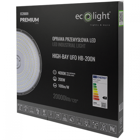 Lampa Przemsyłowa Wisząca LED UFO HIGHBAY 200W 20000lm 4000K Neutralna IP65 PREMIUM Ecolight