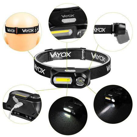 Latarka Czołowa Akumulatorowa LED 250lm XPE + COB LED 7 Trybów Pracy VAYOX