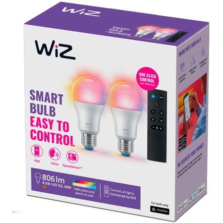 2x Żarówka LED E27 A60 8.5W = 60W 806lm 2200-6500K RGB + TW Inteligentna SMART WiFi Bluetooth Aplikacja WiZ + Pilot Sterujący