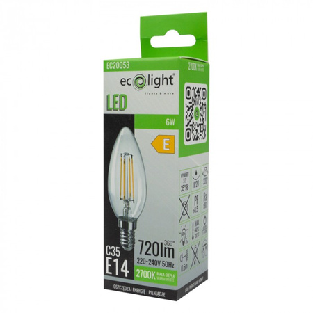 Żarówka LED Świeczka B35 E14 6W 720lm 2700K Ciepła FILAMENT Ecolight