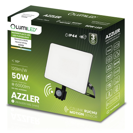 Naświetlacz LED AZZLER 50W 6000lm 4000K IP44 Halogen Zewnętrzny Lampa z Czujnikiem Ruchu Czarny LUMILED