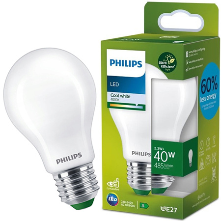 Żarówka LED E27 A60 210.9lm/W 2.3W = 40W 485lm 4000K Neutralna Filament Mleczna PHILIPS Ultra Efficient