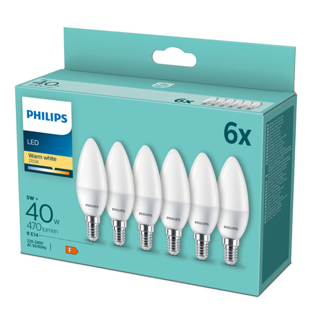 6x Żarówka LED E14 Świeczka B35 4.9W = 40W 470lm 2700K Ciepła Essential Philips