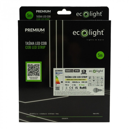 Taśma LED Pasek COB 7W/m 560lm/m 480LED/m 12V 3000K Ciepła IP20 Rolka 5m Ecolight