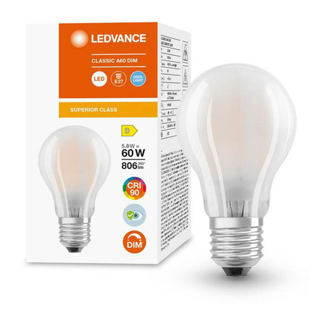 Żarówka LED E27 A60 5,8W = 60W 806lm 4000K Neutralna 300° CRI90 Filament Mleczna Ściemnialna LEDVANCE Superior