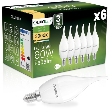 6x Żarówka LED E14 Świeczka BA35 8W = 60W 806lm 3000K Ciepła 180° LUMILED