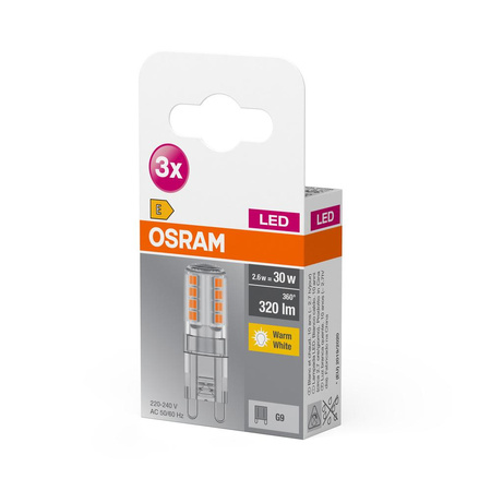 3x Żarówka LED Kapsułka G9 2.6W = 30W 320lm 2700K Ciepła 300° BASE Osram