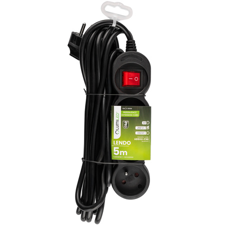 Przedłużacz Sieciowy Kabel z Uziemieniem Listwa Zasilająca 3 Gniazda 5m Włącznik ON/OFF Czarny Sznur Lendo Lumiled