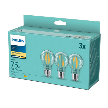 3PAK Żarówka LED E27 A60 8.5W = 75W 1055lm 2700K Ciepła Filament PHILIPS