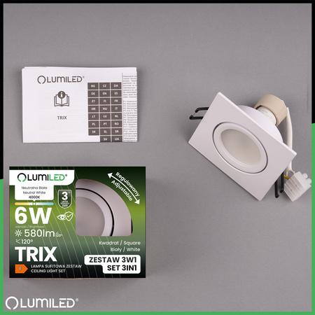 Oprawa Halogenowa Podtynkowa Kwadratowa Ruchoma TRIX 3w1 GU10 6W 4000K BIAŁY MAT LUMILED