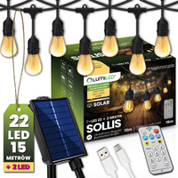 Girlanda Solarna Ogrodowa 22x LED Ozdobne Żarówki 15m + PILOT IP65 2700K Ciepła SOLLIS LUMILED