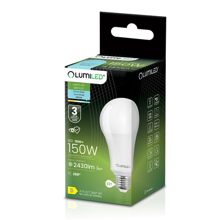 6x Żarówka LED E27 A70 18W = 150W 2430lm 6500K Zimna 260° LUMILED
