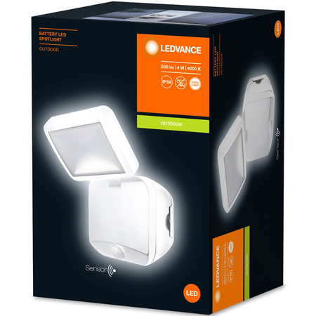 Naświetlacz LED Reflektor Bateryjny 4W 260lm 4000K IP54 Biały Z Czujnikiem Ruchu i Zmierzchu Spotlight Ledvance