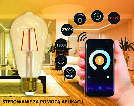 Żarówka LED E27 ST64 5,5W 470lm 1800K-2700K 320° Filament GOLDLUX (Polux) Smart WiFi TUYA
