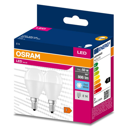 2x Żarówka LED P45 Kulka E14 6.5W = 60W 806lm 4000K Neutralna 150° VALUE CLASSIC Osram