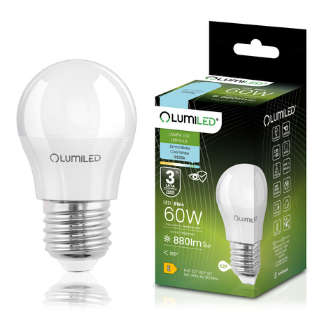 Żarówka LED E27 Kulka P45 8W = 60W 880lm 6500K Zimna 180° LUMILED