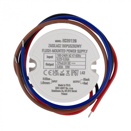 Zasilacz dopuszkowy FI60 do Taśm LED 10W 12V 0.83A Hermetyczny IP67 Ecolight