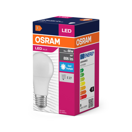 Żarówka LED A60 E27 8W = 60W 806lm 6500K Zimna 150° VALUE CLASSIC Osram