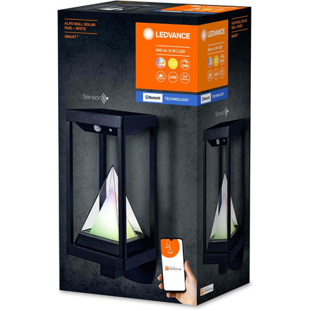 Lampa Solarna Zewnętrzna Inteligentny Kinkiet Elewacyjny 6W 400lm 3000K Ciepła RGB+W Ściemnialna IP44 Czarny SMART+ Bluetooth Alps Ledvance