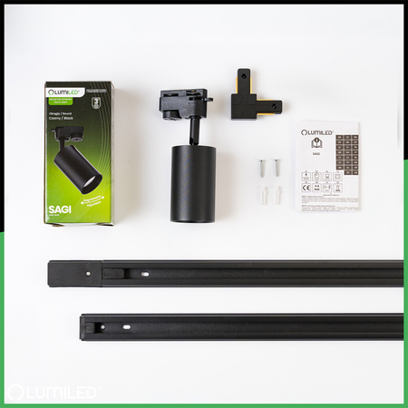 Zestaw Szyna Oświetleniowa Szynoprzewód 3m + 5x Reflektor Szynowy SAGI GU10 Czarny + Łącznik L LUMILED