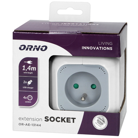 Przedłużacz Sieciowy Kostka 2P+Z 4x gniazdo + 2x USB z Uziemieniem Listwa Przewód 1,4m 16A