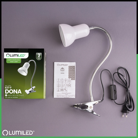 Lampka Biurkowa Stołowa Regulowana DONA Szkolna Nocna E27 Klips Biała LUMILED