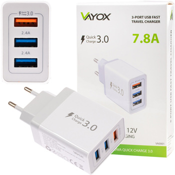 SZYBKA ŁADOWARKA SIECIOWA QUICK CHARGE 3.0 + 2x USB 2.4A VAYOX VA0001