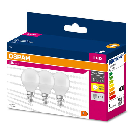 3x Żarówka LED P45 Kulka E14 6.5W = 60W 806lm 3000K Ciepła 180° VALUE CLASSIC Osram