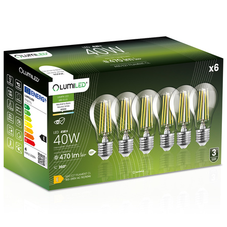 6x Żarówka LED E27 A60 4W = 40W 470lm 4000K Neutralna 360° FILAMENT LUMILED