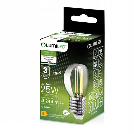 6x Żarówka LED E27 Kulka P45 2W = 25W 249lm 4000K Neutralna 360° FILAMENT LUMILED