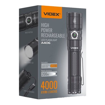 Latarka Ręczna Akumulatorowa LED 20W 4000lm 6 Trybów Pracy USB-C Wodoszczelna IP68 Videx