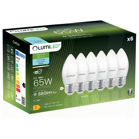 6x Żarówka LED E27 Świeczka B35 8W = 65W 880lm 6500K Zimna 180° LUMILED
