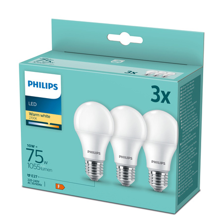 3PAK Żarówka LED E27 A60 10W = 75W 1055lm 2700K Ciepła PHILIPS