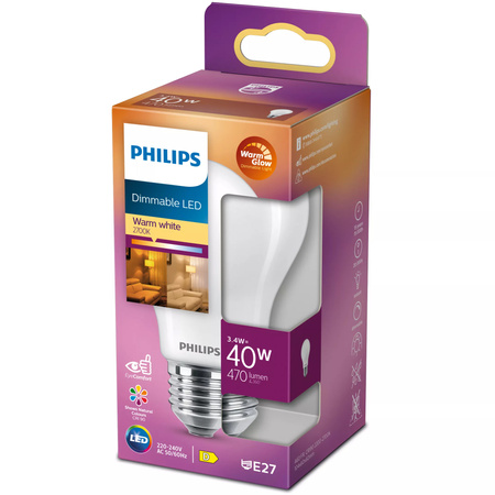 Żarówka LED E27 A60 3.4W = 40W 470lm 2200-2700K Ciepła CRI90 FILAMENT Ściemnialna WarmGlow Philips