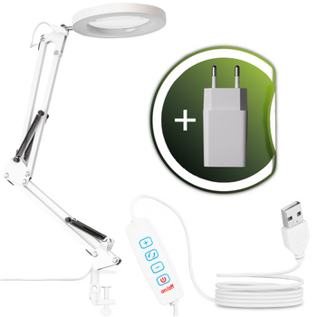 ZESTAW Lampka Biurkowa LED 8W CCT Kreślarska Stołowa Lupa LUCA 2 Biała + Adapter USB 5V/1A DC LUMILED