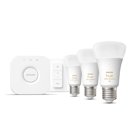 3x Żarówka LED E27 A60 10.5W = 75W 1055lm 2200-6500K CCT SMART Inteligentna Bluetooth ZigBee White Ambiance + Mostek Bridge + Regulator PILOT Zestaw Startowy Philips HUE