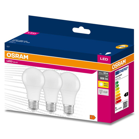 3x Żarówka LED A60 E27 8W = 60W 806lm 3000K Ciepła 180° VALUE CLASSIC Osram