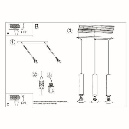 Lampa Sufitowa Wisząca Zwis 3x GU10 Tubularna Czarna Nowoczesna Lagos Sollux