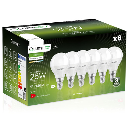 Zestaw 6x Żarówka LED E14 P40 2,5W = 25W 249lm 4000K Neutralna 180° LUMILED