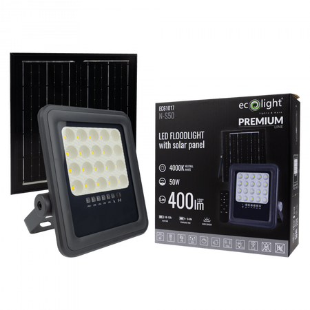 Naświetlacz LED Lampa Reflektor Solarny 50W 900lm 4000K Neutralna IP65 z Czujnikiem Zmierzchu + Pilot Ecolight