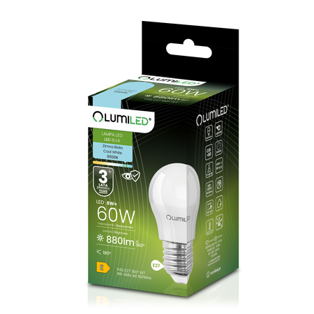 Żarówka LED E27 Kulka P45 8W = 60W 880lm 6500K Zimna 180° LUMILED